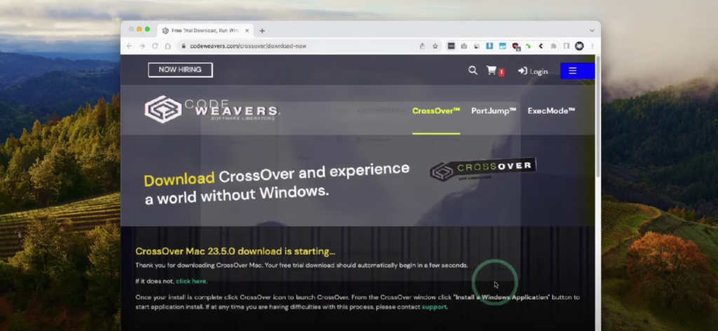 A screen snip showing an app called CrossOver being downloaded on a Mac OS computer