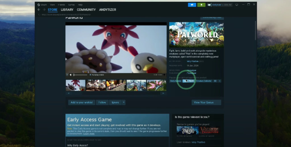 A screen snip showing the download page of a video game called Palworld on app called Steam being run on a MacOS computer