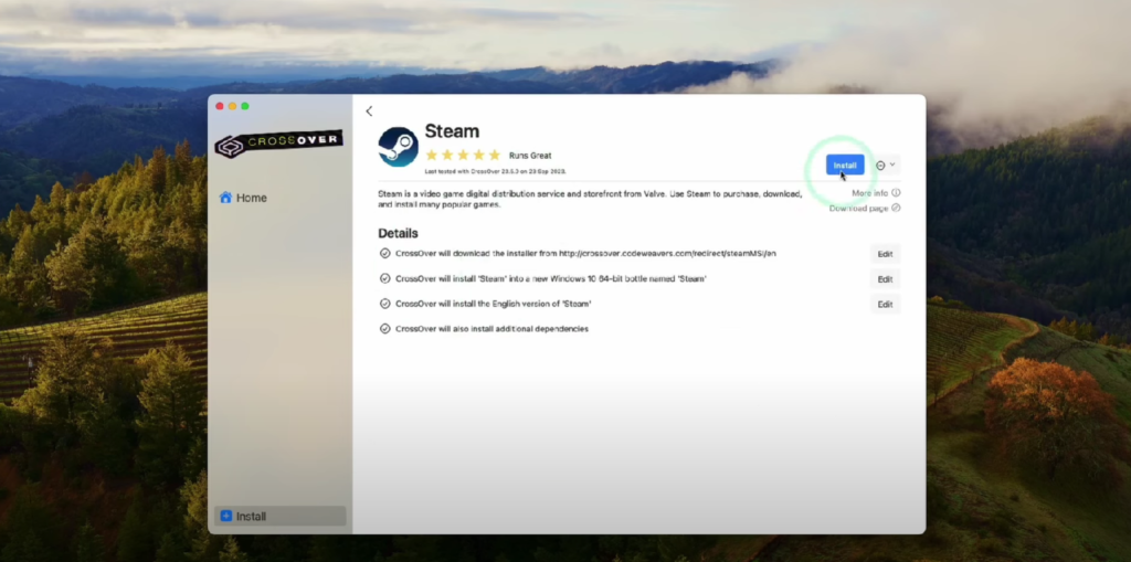 A screen snip showing an app called CrossOver being downloaded on a Mac OS computer, and an app called Steam being installed on it