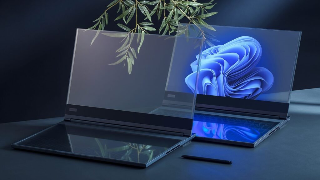A picture showing Lenovo’s Transparent Laptop concept, called the Lenovo ThinkBook Transparent Display Laptop Concept